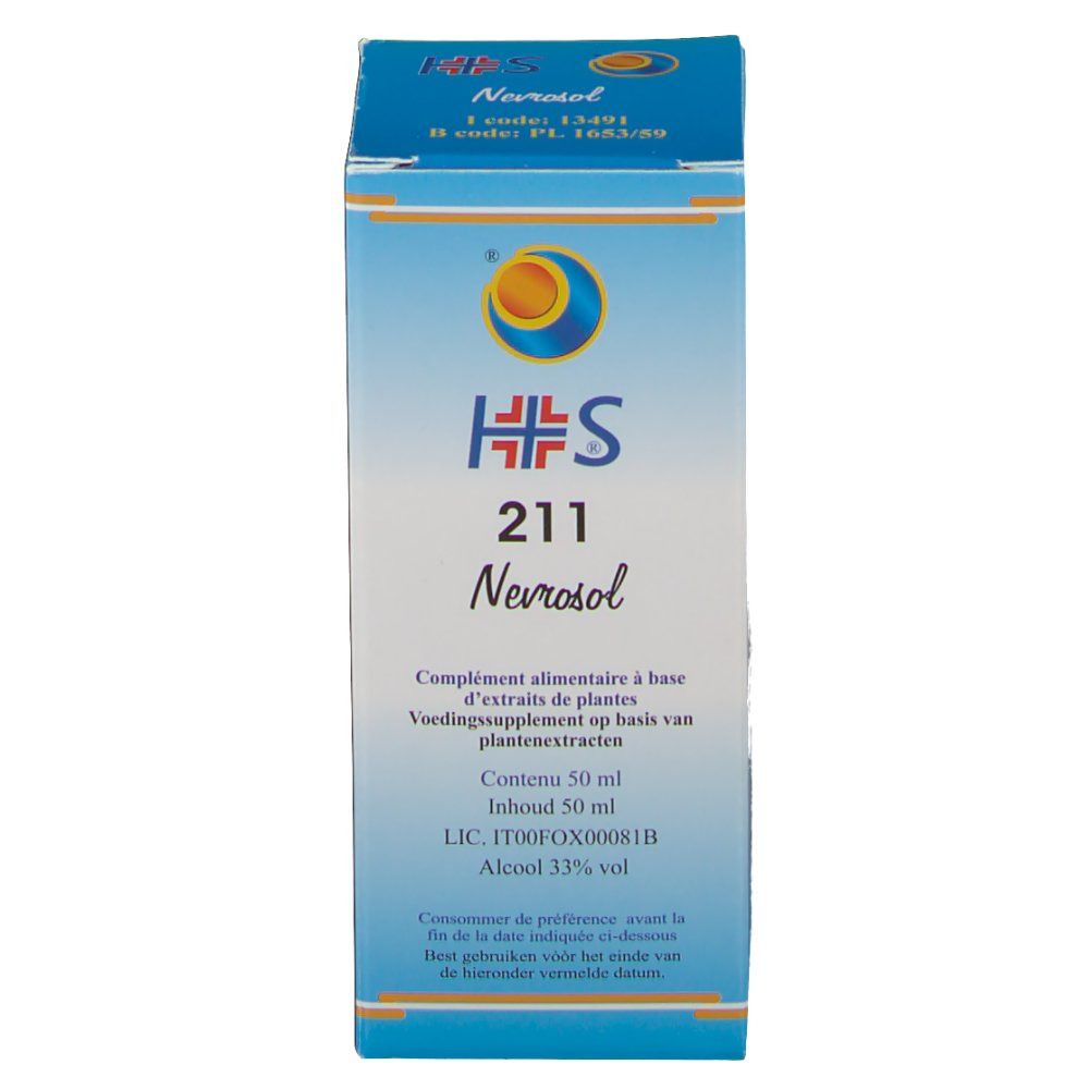 Boîte de HS® 211 Nevrosol. Emballage bleu et blanc avec nom et logo du produit. Contient 50 ml.