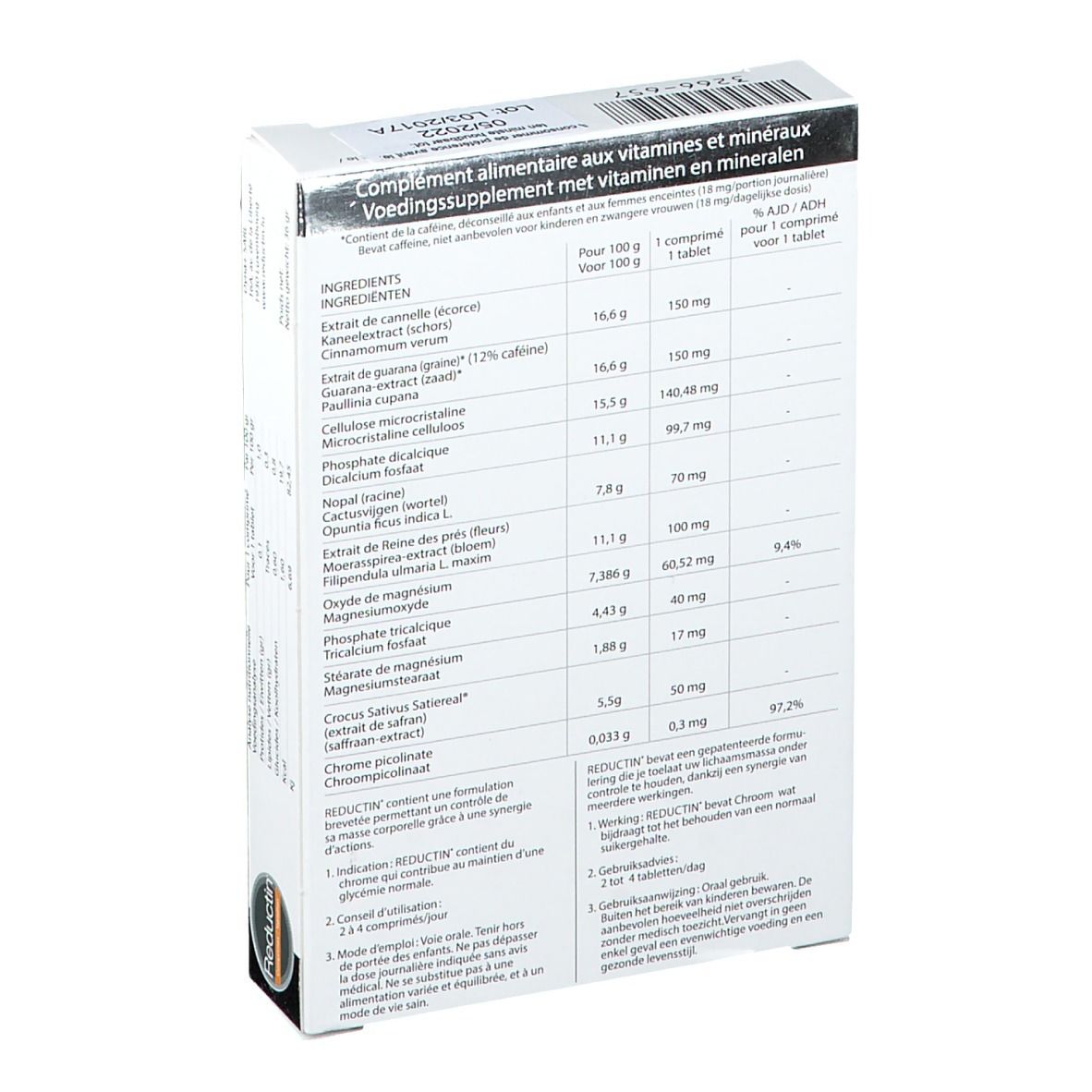 Dos de la boîte de comprimés Reductin. Liste des ingrédients et informations nutritionnelles.