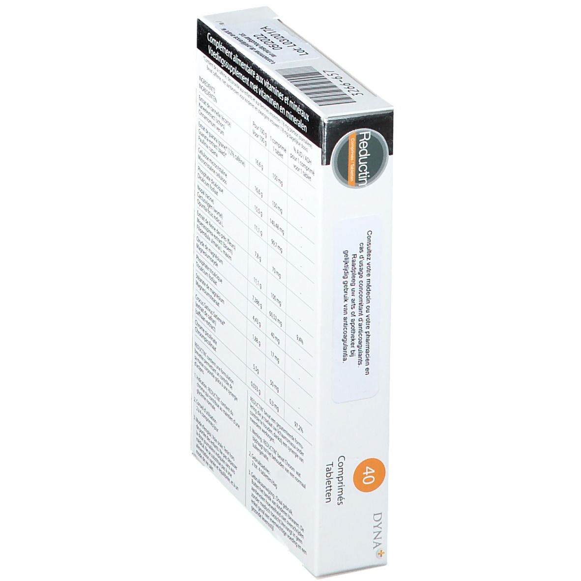 Vue latérale de la boîte de comprimés Reductin. Inscriptions : 40 comprimés, ingrédients et informations nutritionnelles.