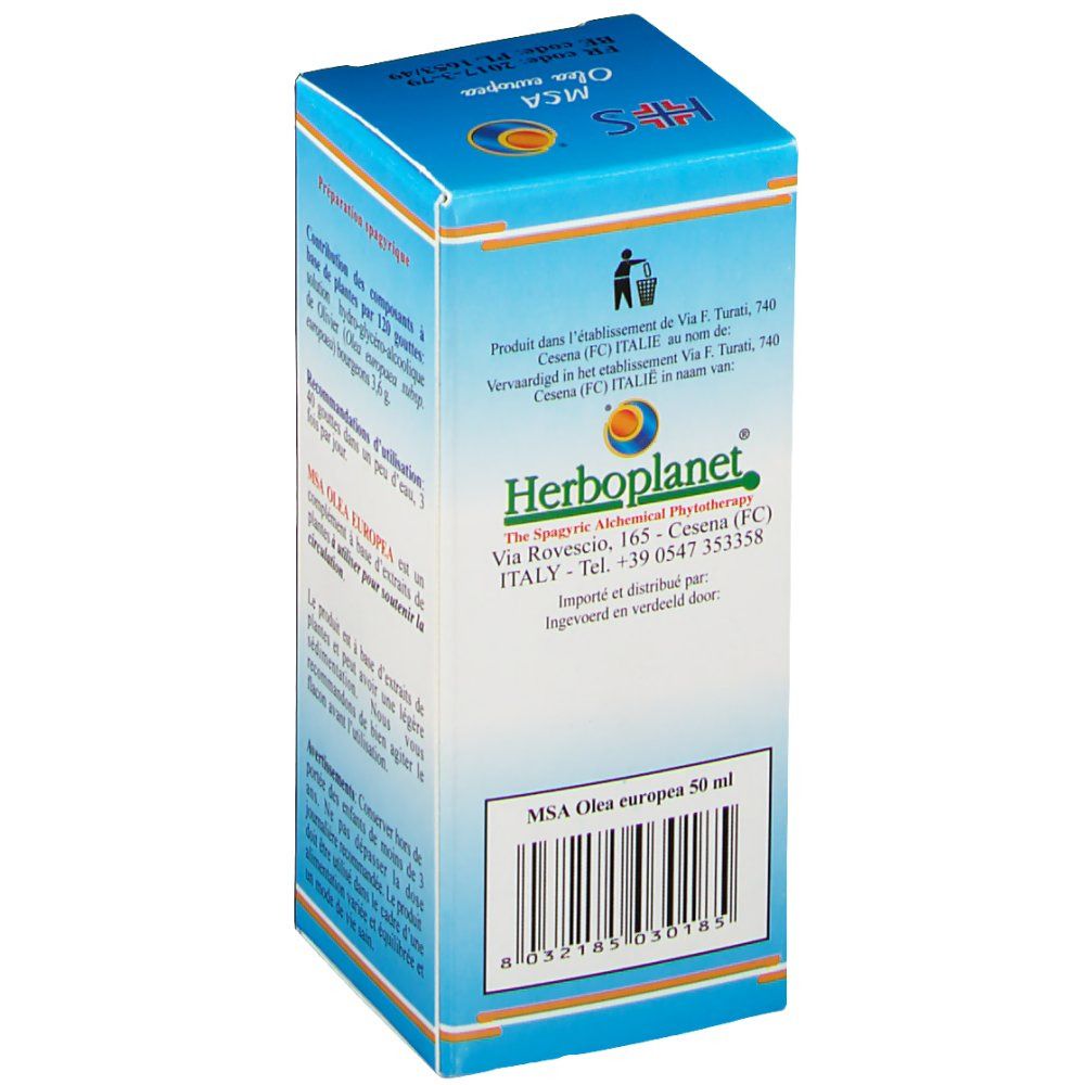 Boîte en carton MSA Olea europea. Informations du fabricant et code-barres. Logo Herborplanet. Texte multilingue.