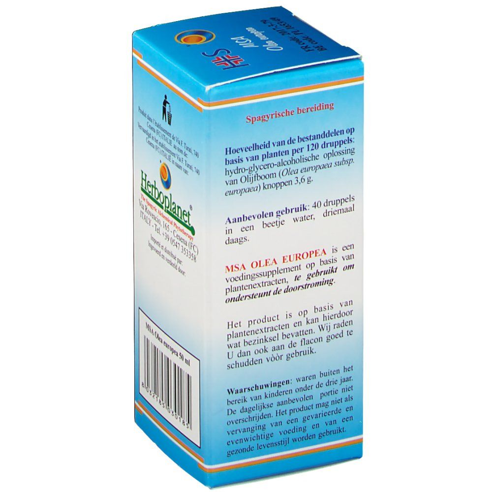 Dos de la boîte en carton MSA Olea europea. Texte multilingue. Contient des informations sur les ingrédients et l'utilisation.