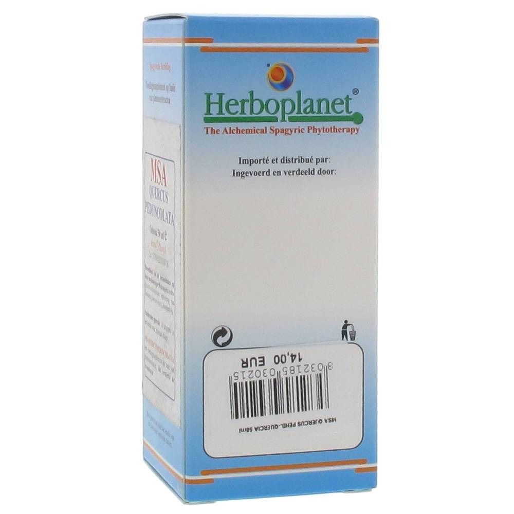 Kartonnen doos met productinformatie. Merk: Herboplanet. Tekst in het Frans en Nederlands. Streepjescode en prijs: 14,00 EUR.
