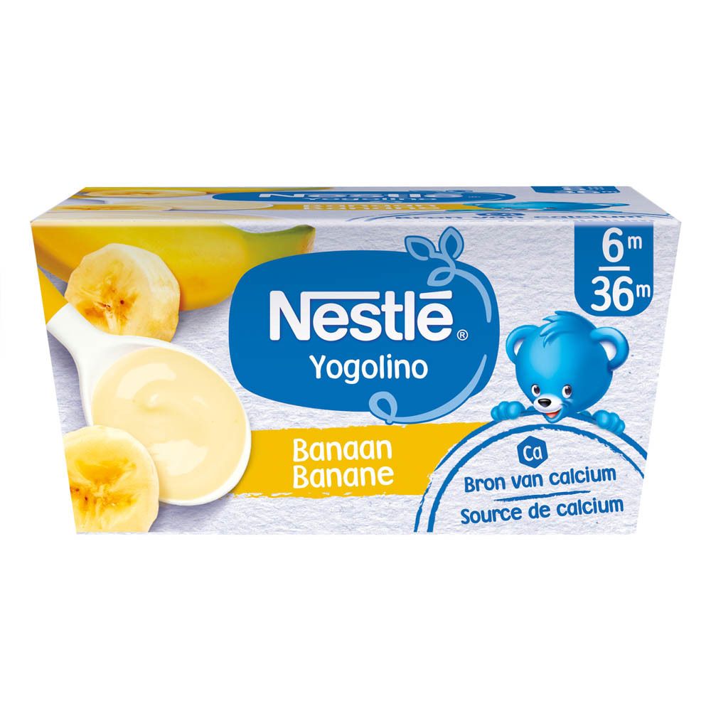 Nestlé Yogolino Banane. Emballage. Contient du calcium. Pour bébés de 6 mois et plus. Banane et yaourt illustrés.