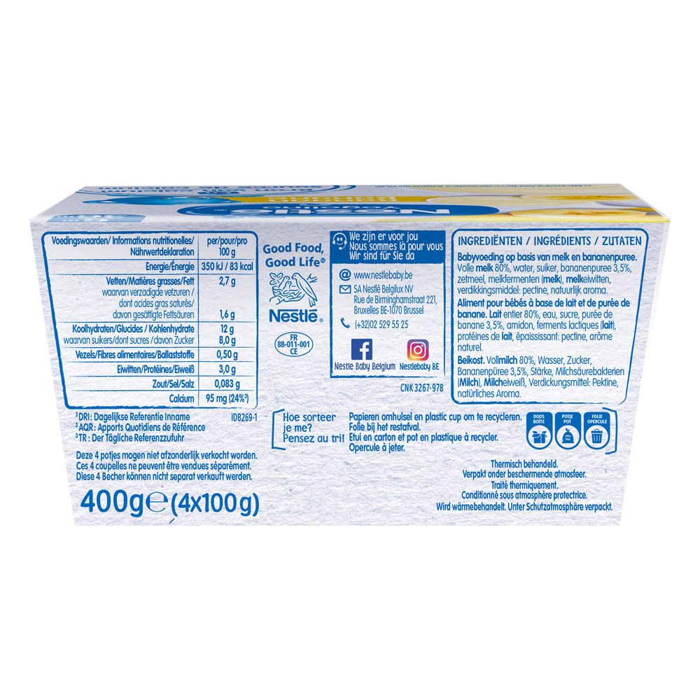 Dos de l'emballage Nestlé Yogolino Banane. Informations nutritionnelles, ingrédients. 400g (4x100g).