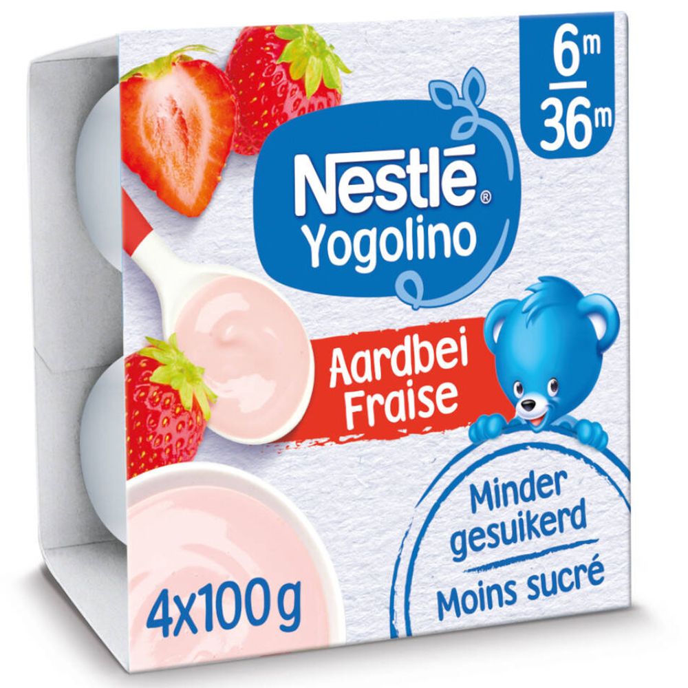 Emballage de quatre pots de yaourt Nestle Yogolino Fraise. Visibles: fraises, cuillère de yaourt, logo et texte.