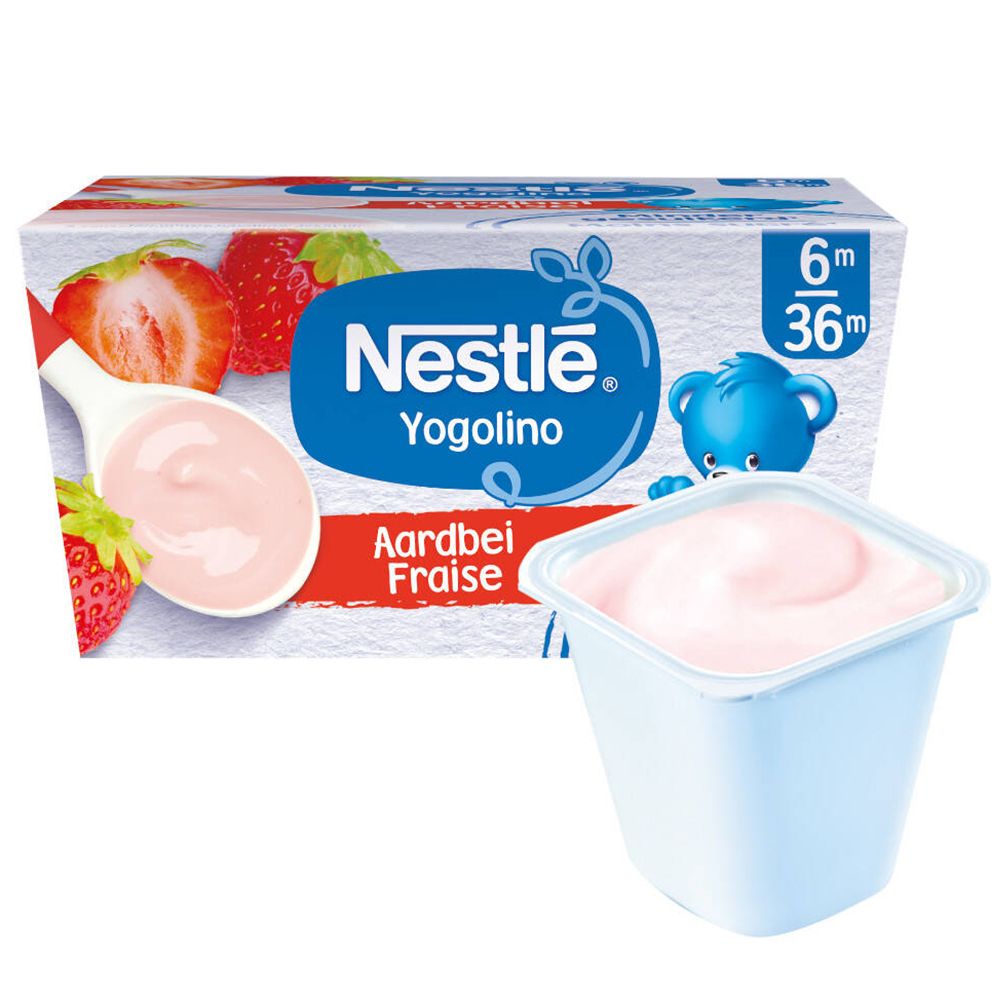 Yaourt Nestle Yogolino Fraise dans un pot. Sur l'emballage: fraises, cuillère de yaourt, logo et texte.