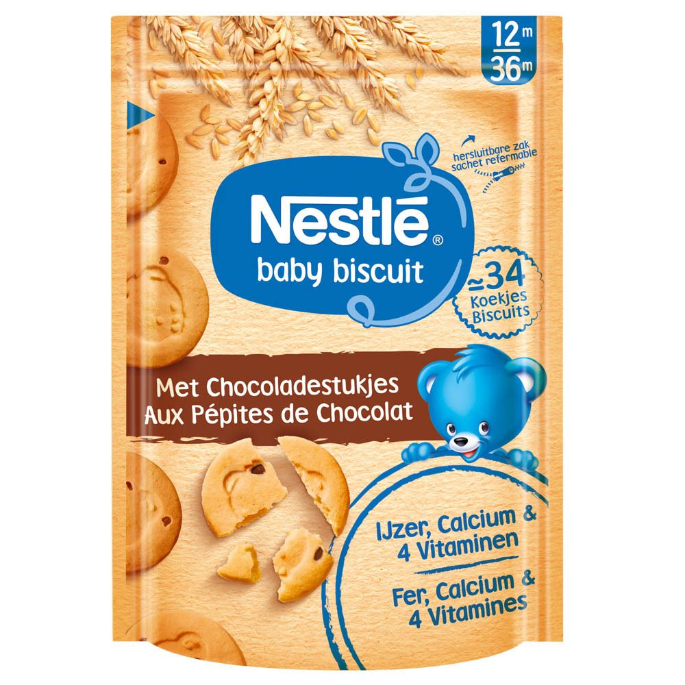 Paquet de biscuits Nestlé Baby aux pépites de chocolat. Emballage marron avec biscuits et ours. 34 biscuits.