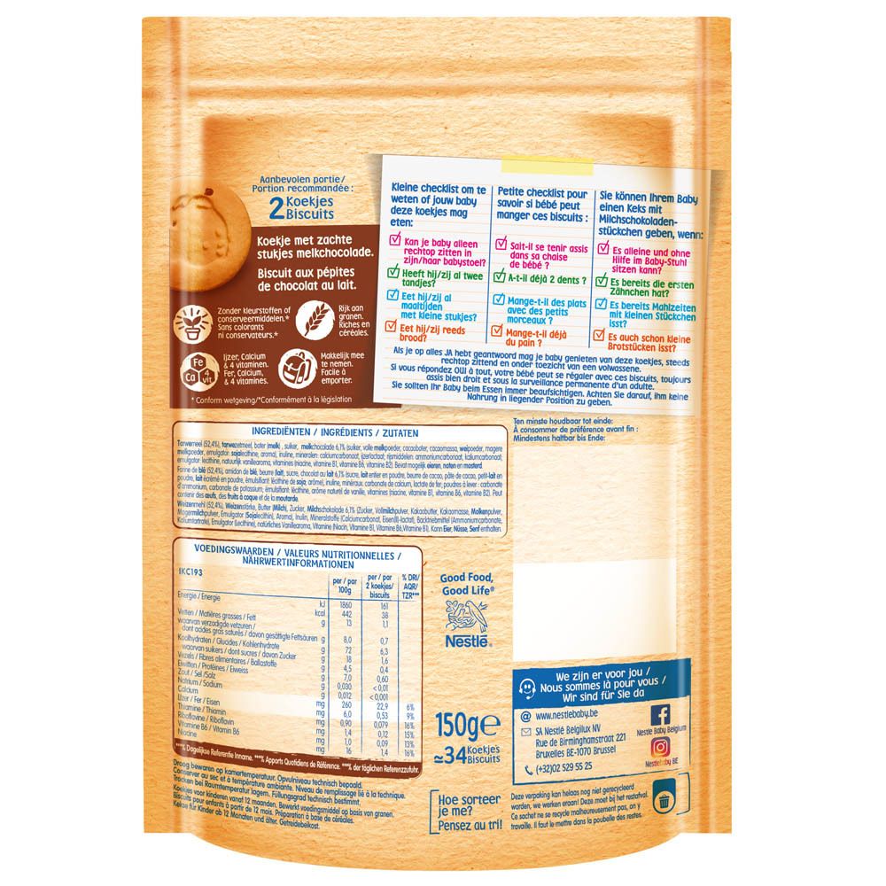 Dos du paquet de biscuits Nestlé Baby. Contient des informations nutritionnelles et des ingrédients. Logo Nestlé et texte.