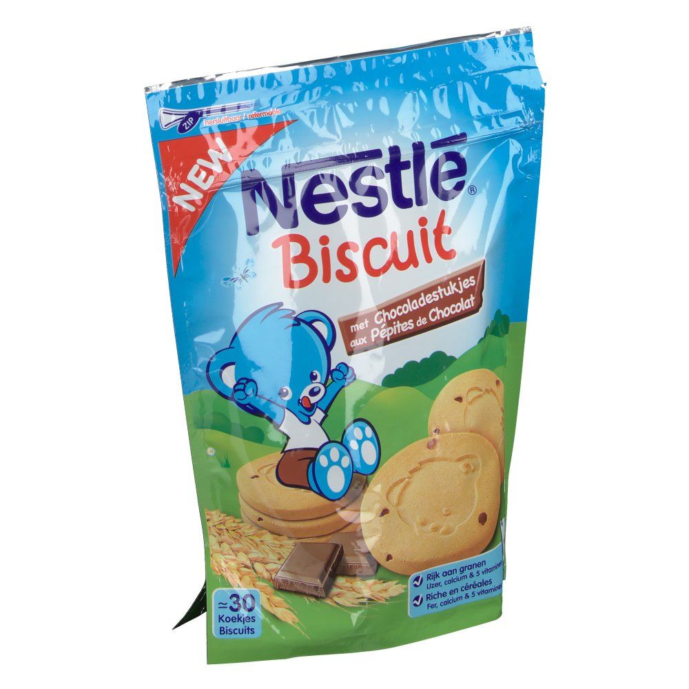 Verpackung Nestlé Biscuit mit Schokoladenstückchen. Blaue Verpackung mit Bär-Illustration und Keksen. Aufschrift "NEW".