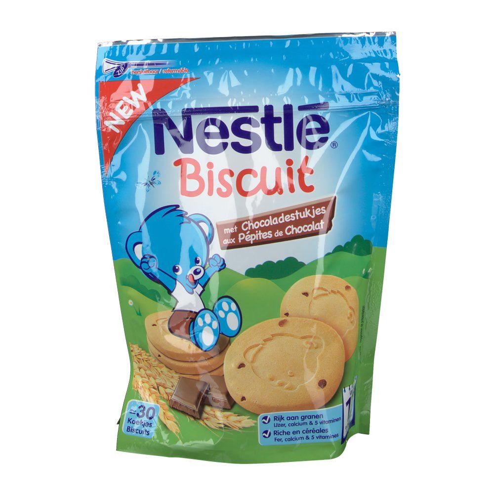 Nestlé Biscuit-Verpackung mit Schokoladenstückchen. Blaue Verpackung mit Bär-Illustration und Keksen. 30 Kekse.