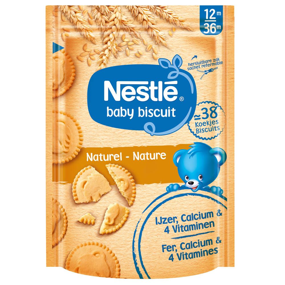 Paquet de biscuits Nestlé Baby. Emballage beige avec biscuits et ours. Texte: 'Naturel - Nature'.