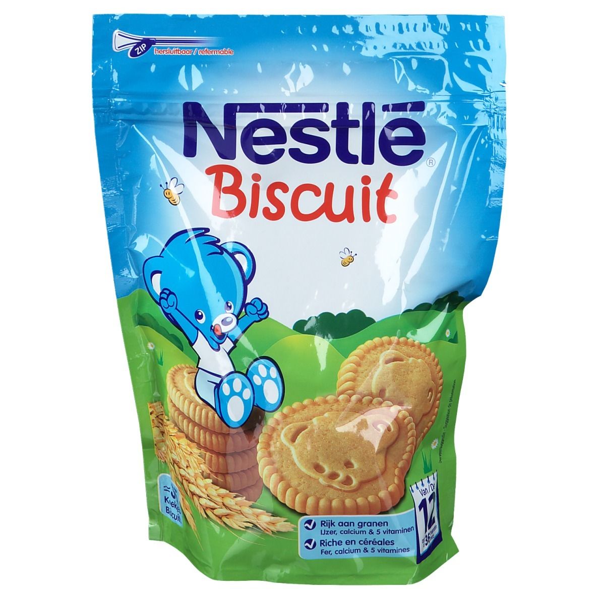 Sachet de biscuits Nestlé. Emballage bleu avec ours et biscuits. Texte: 'Nestlé Biscuit'. Fermeture éclair.