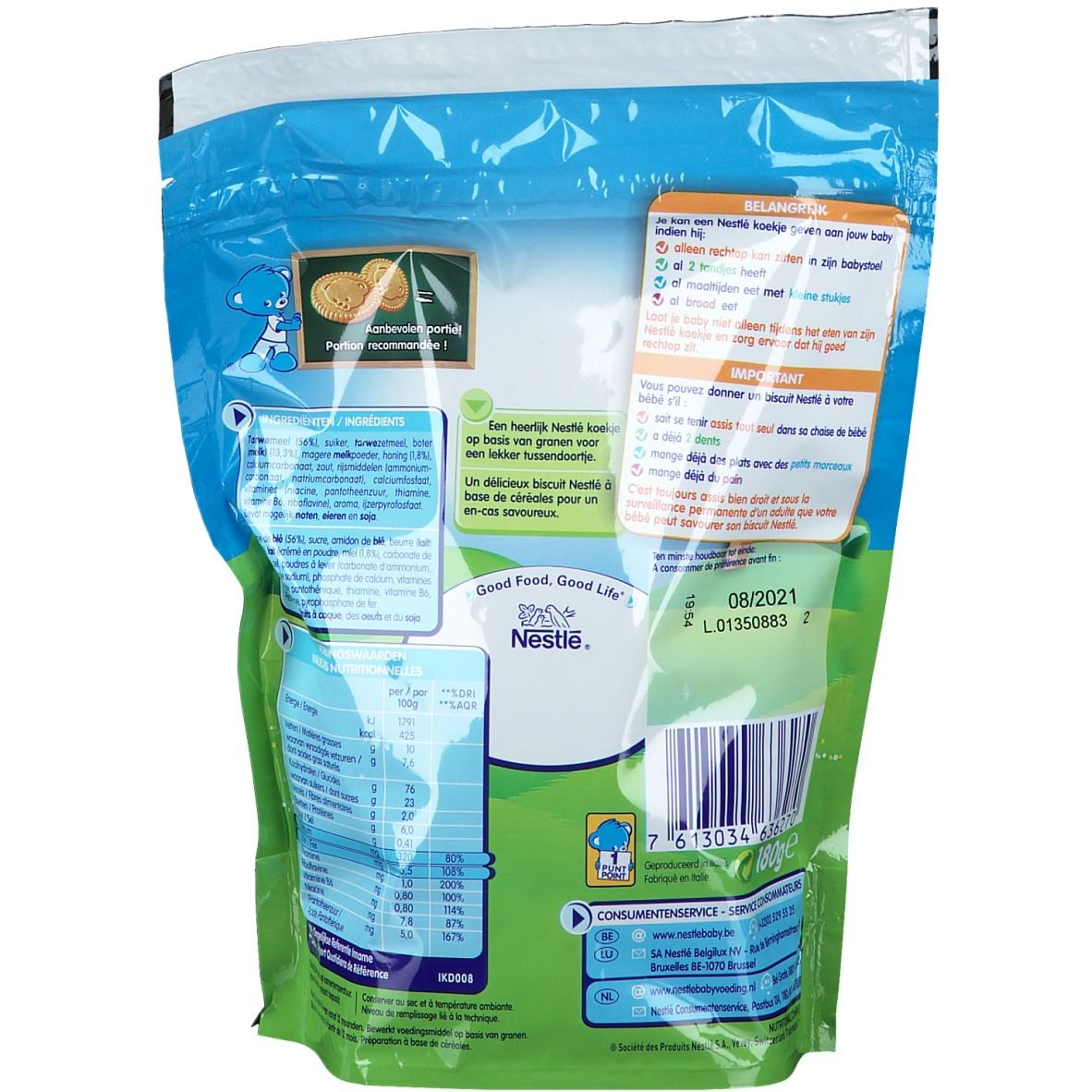 Dos du paquet de biscuits Nestlé. Texte et informations nutritionnelles sur fond bleu et vert. Date de péremption.