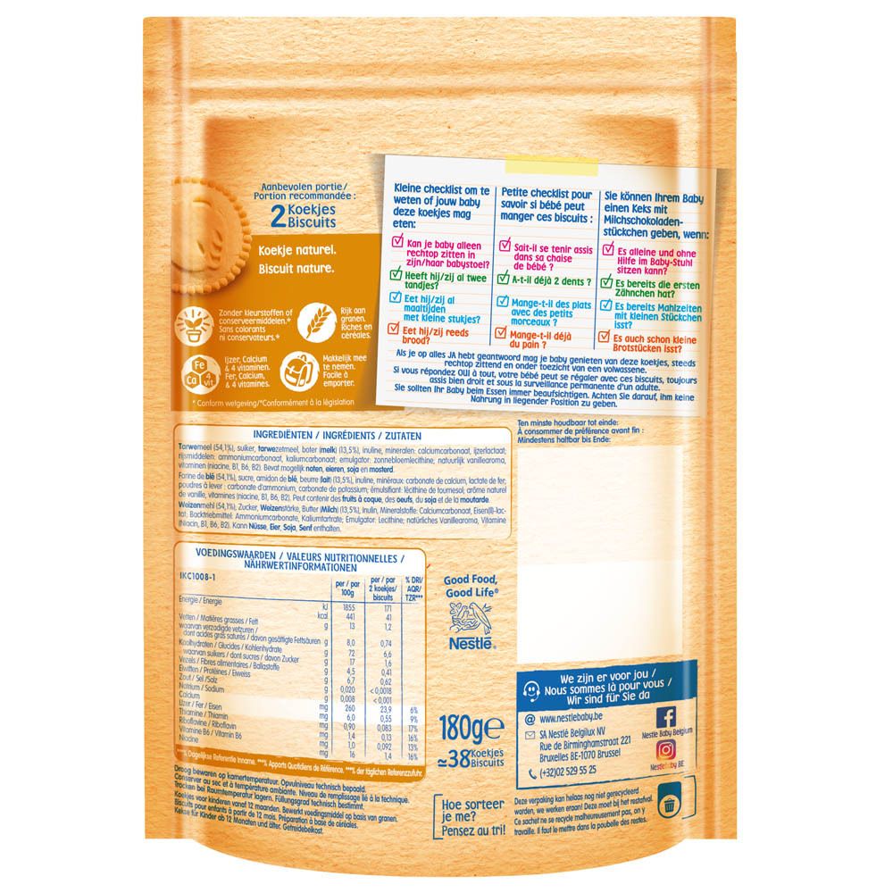 Dos du paquet de biscuits Nestlé Baby. Texte et informations nutritionnelles sur fond beige. 180g, 38 biscuits.