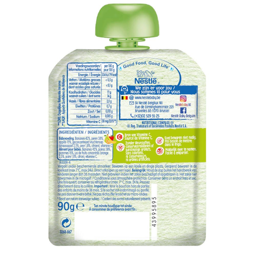 Dos du sachet Nestlé Baby Fruit 4 Fruits. Liste des ingrédients, informations nutritionnelles, coordonnées. 90g. Date de péremption.