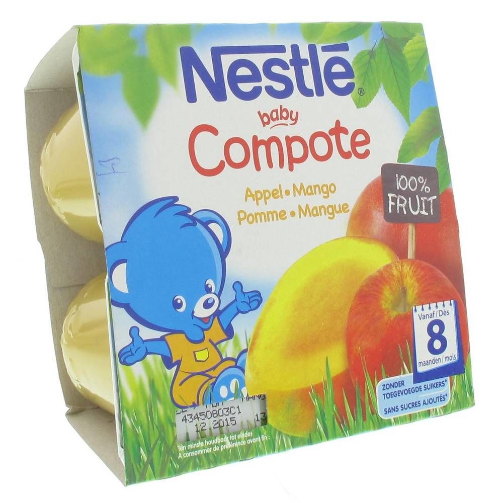 Verpakking met vier potjes babycompote. Opschrift: Nestle Baby Compote Appel Mango. Met 100% fruit logo en blauwe beer illustratie. Zonder toegevoegde suikers.