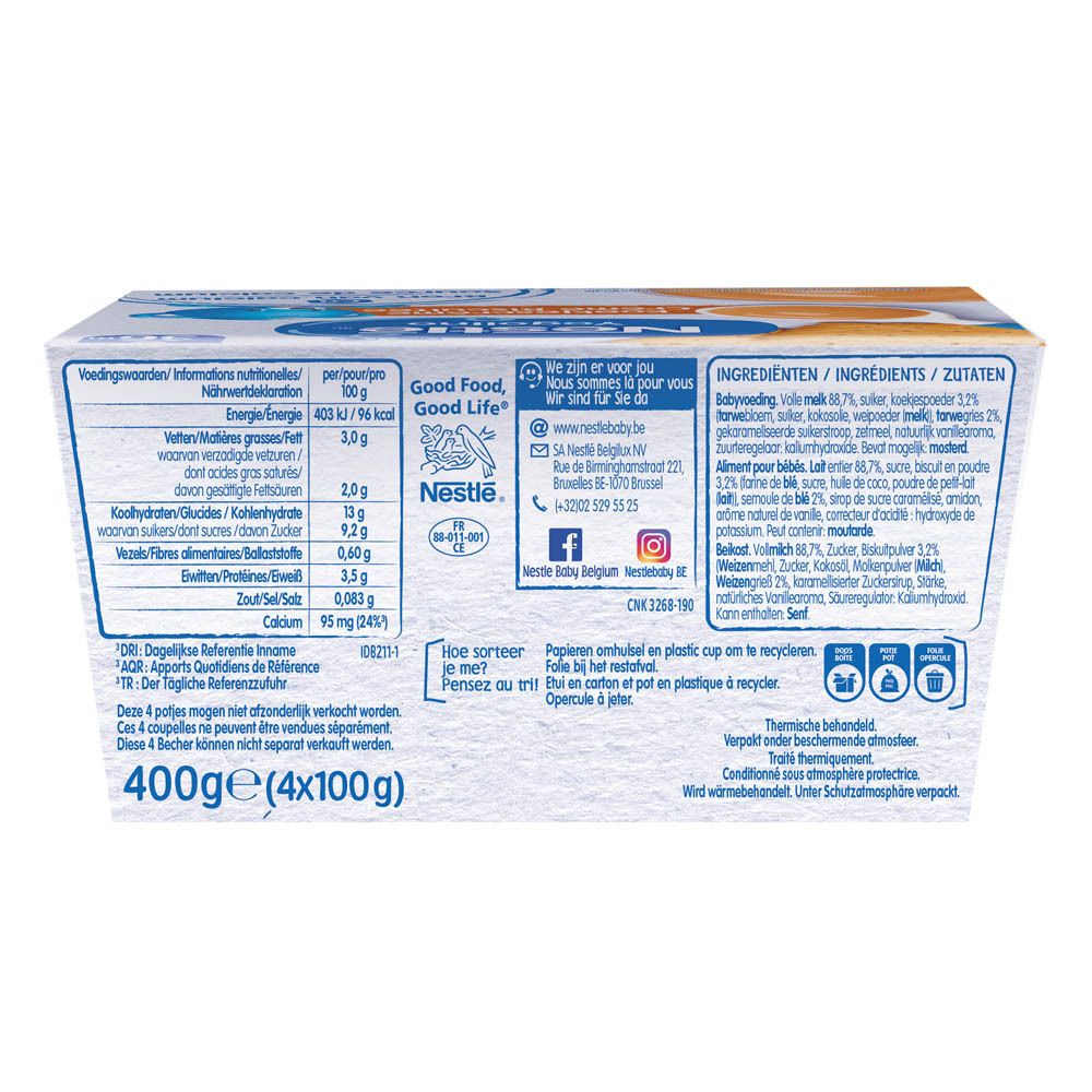 Dos de l'emballage Nestlé Yogolino Crème Biscuitée. Contient informations nutritionnelles et liste des ingrédients.