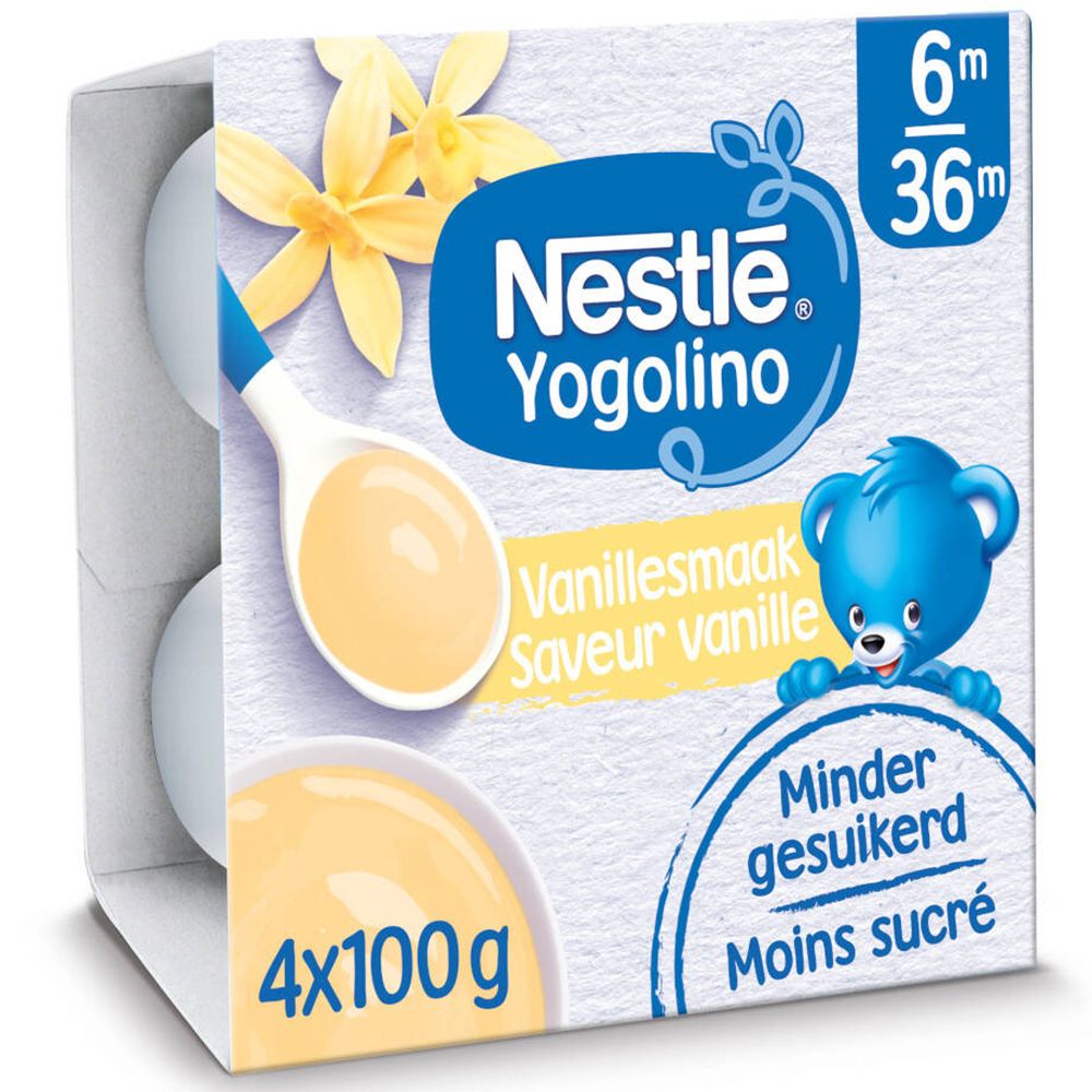 Nestlé Yogolino Vanille. 4 pots. 6m+. Moins sucré. Saveur vanille. Emballage.
