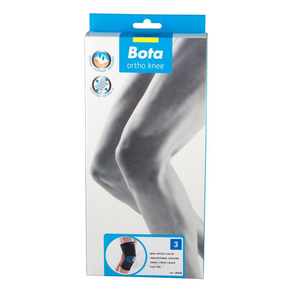 Emballage de l'orthèse de genou Bota. Vue de face. Impression : Bota ortho knee, taille 3, image de l'orthèse de genou.