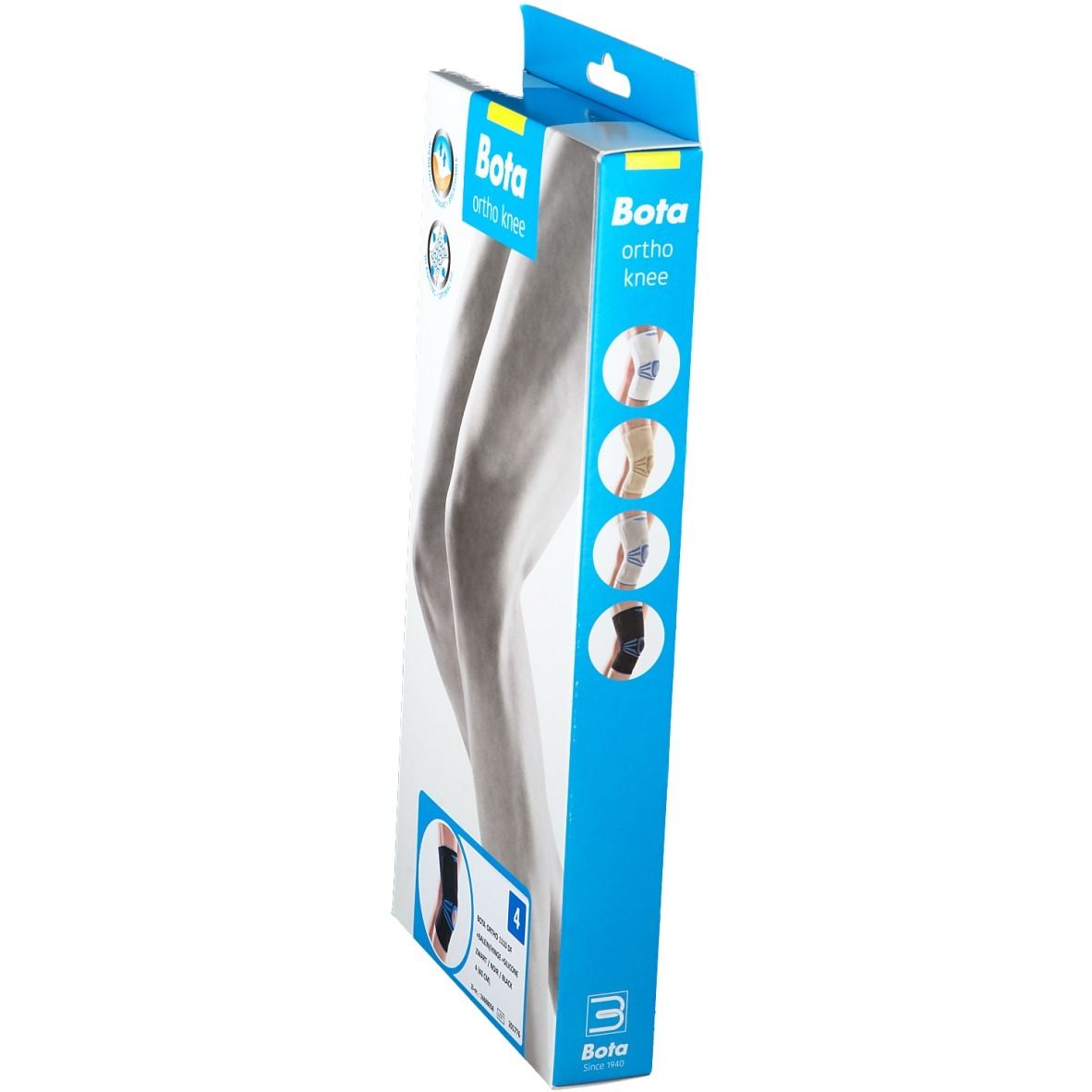 Boîte de genouillère Bota Ortho, taille 4. Vue latérale de l'emballage avec images du produit et logo.