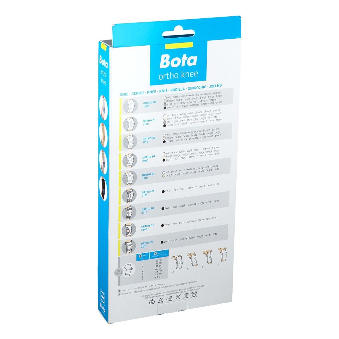 Dos de la boîte de genouillère Bota Ortho. Informations sur les tailles et le produit en plusieurs langues.