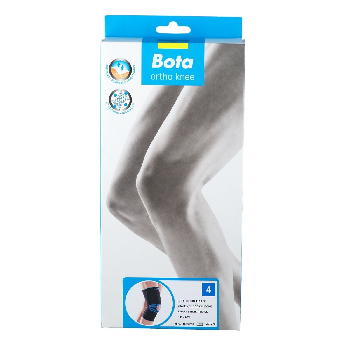 Boîte de genouillère Bota Ortho, taille 4, noire. Vue de face de l'emballage.