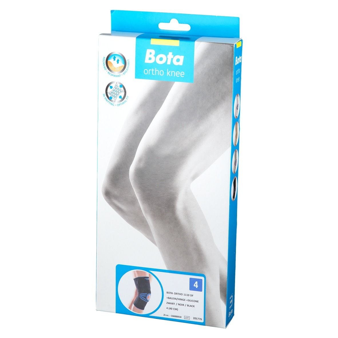 Boîte de genouillère Bota Ortho, taille 4. Vue de face de l'emballage avec image du produit.