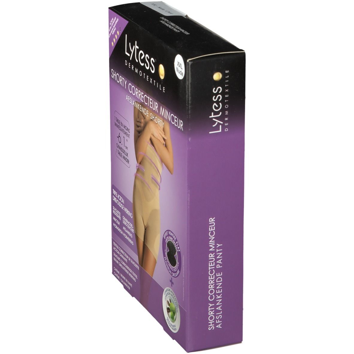 Vue latérale de la boîte du Lytess Correcteur Shorty XXL Chair. Logo et nom du produit visibles. Texte : "XXL Nude".