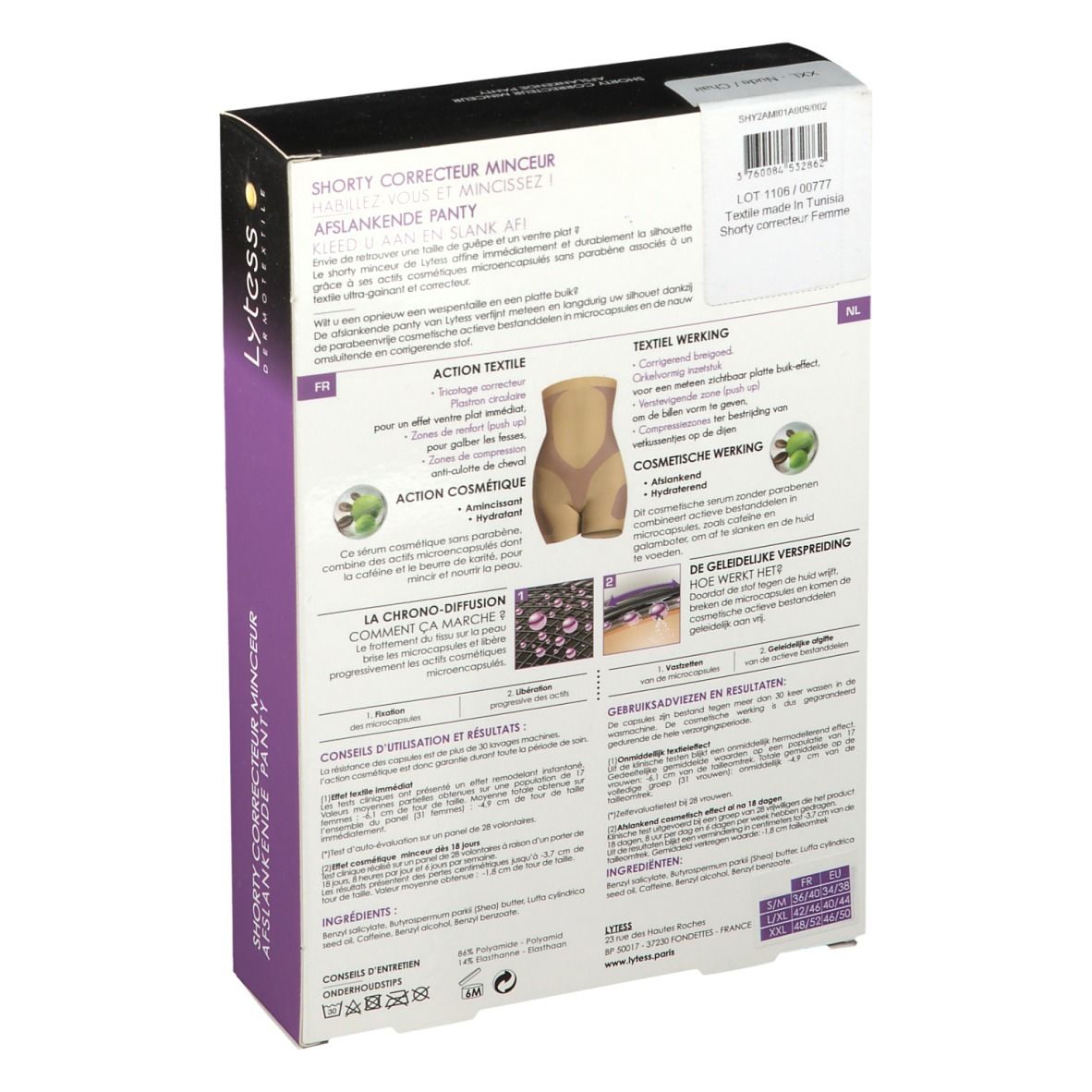 Dos de la boîte du Lytess Correcteur Shorty XXL Chair. Informations sur le produit et texte en plusieurs langues.
