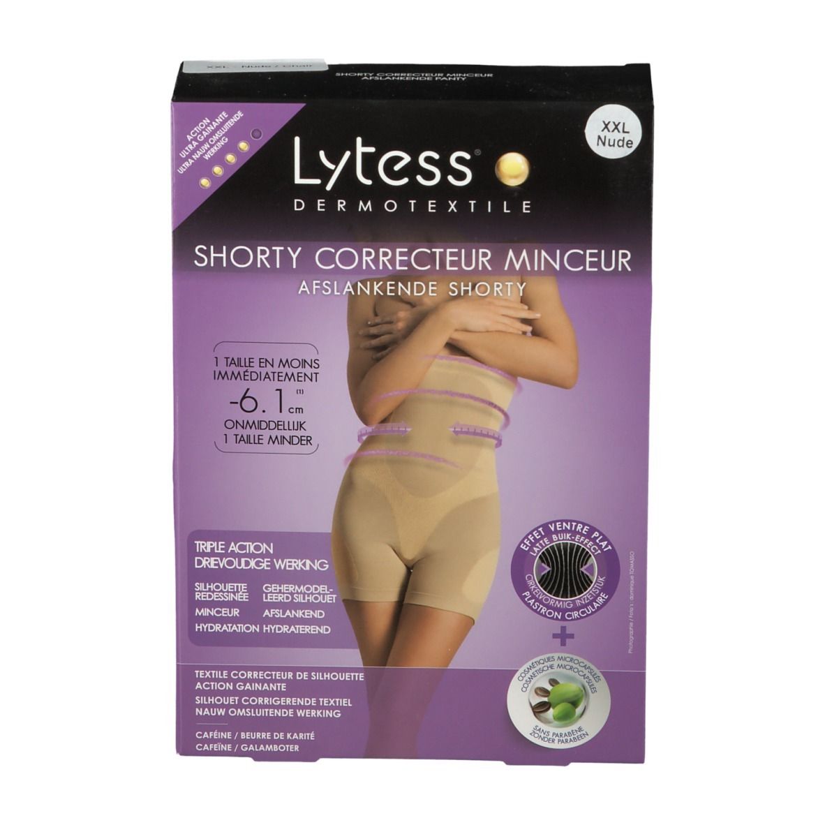 Vue de face de la boîte du Lytess Correcteur Shorty XXL Chair. Illustration du shorty beige. Texte : "XXL Nude".