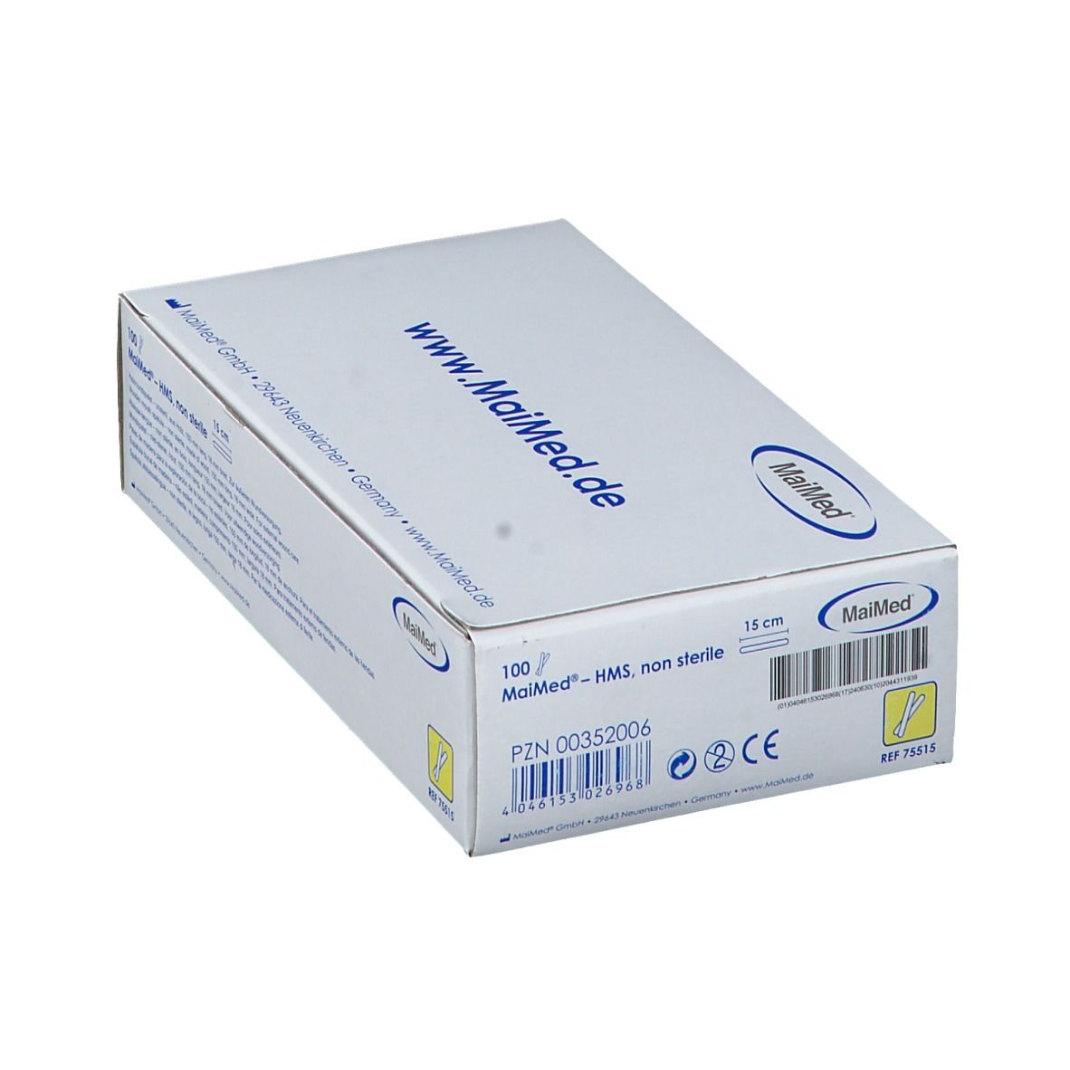 Verpackung von MaiMed HMS Zungenspatel. Aufdrucke: www.MaiMed.de, 100 Stück, 15 cm, non sterile. Logo MaiMed.