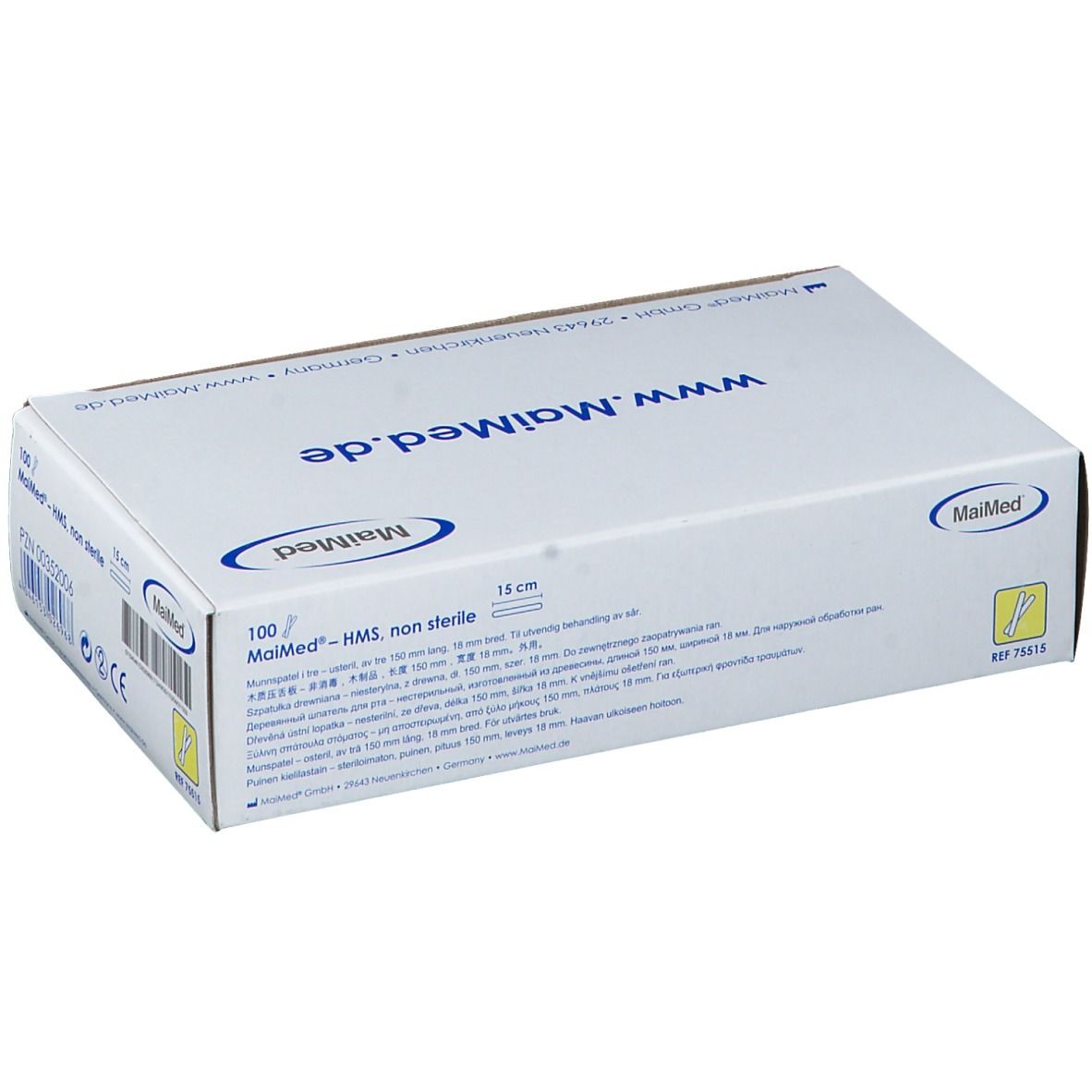Verpackung von MaiMed HMS Zungenspatel. Aufdrucke: www.MaiMed.de, 100 Stück, 15 cm, non sterile. Logo MaiMed.
