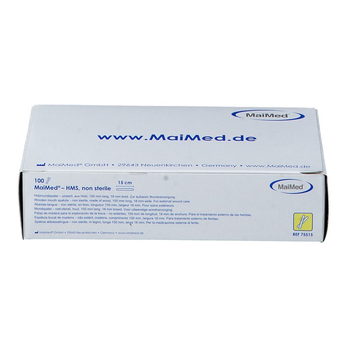 Verpackung von MaiMed HMS Zungenspatel. Aufdrucke: www.MaiMed.de, 100 Stück, 15 cm, non sterile. Logo MaiMed.