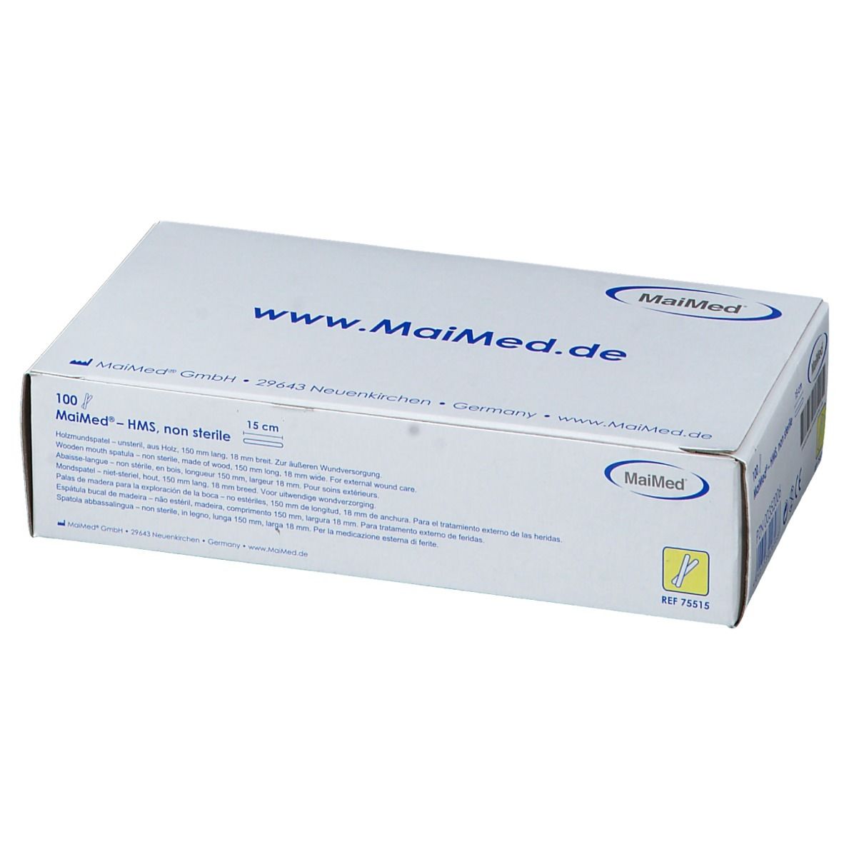 Verpackung von MaiMed HMS Zungenspatel. Aufdrucke: www.MaiMed.de, 100 Stück, 15 cm, non sterile. Logo MaiMed.