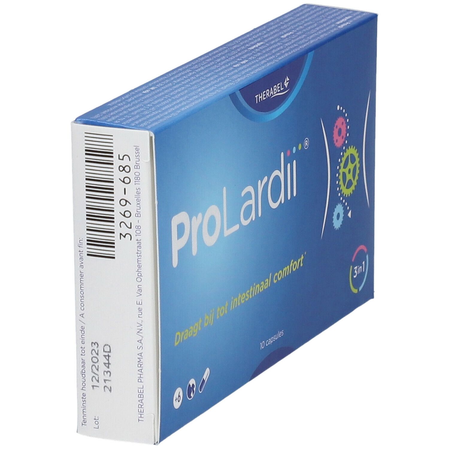 Boîte ProLardii® bleue. Contient 10 capsules. Code-barres et date de péremption visibles.