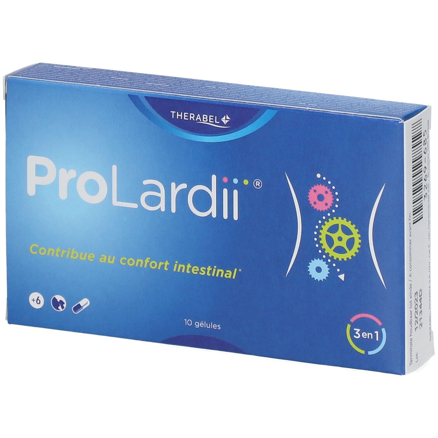 Boîte bleue ProLardii®. Contient 10 gélules. Inscription: Contribue au confort intestinal.