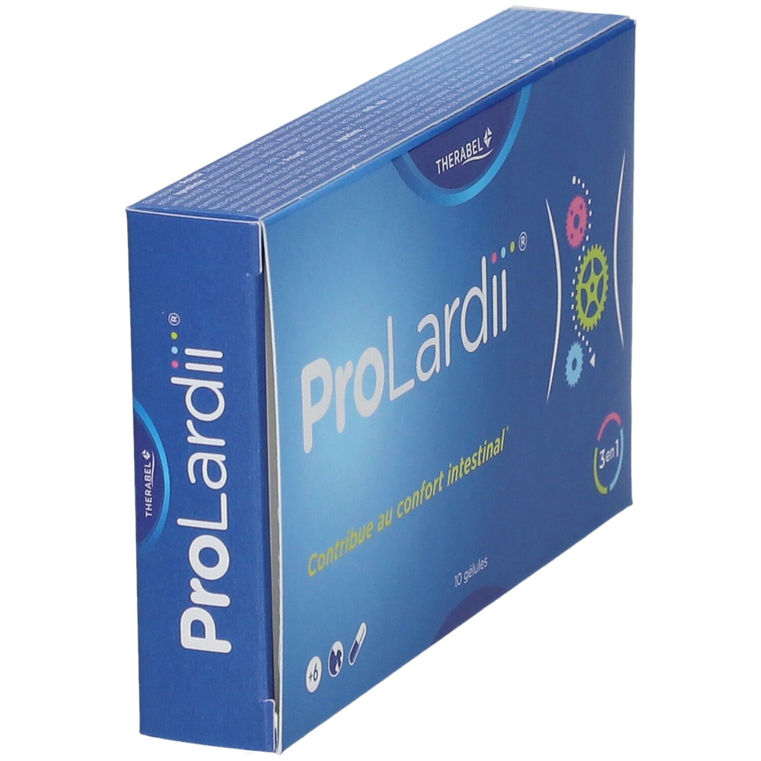 Boîte bleue ProLardii®. Contient 10 gélules. Inscription: Contribue au confort intestinal.