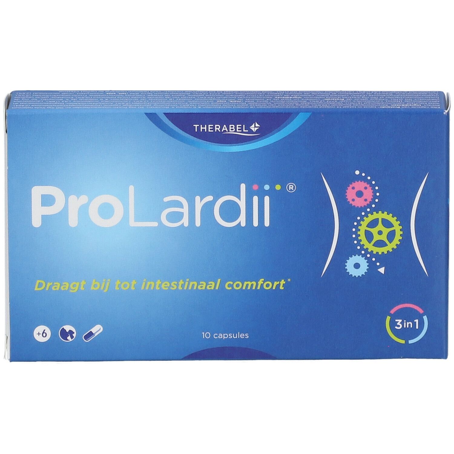 Boîte bleue ProLardii®. Contient 10 capsules. Inscription: Draagt bij tot intestinaal comfort.
