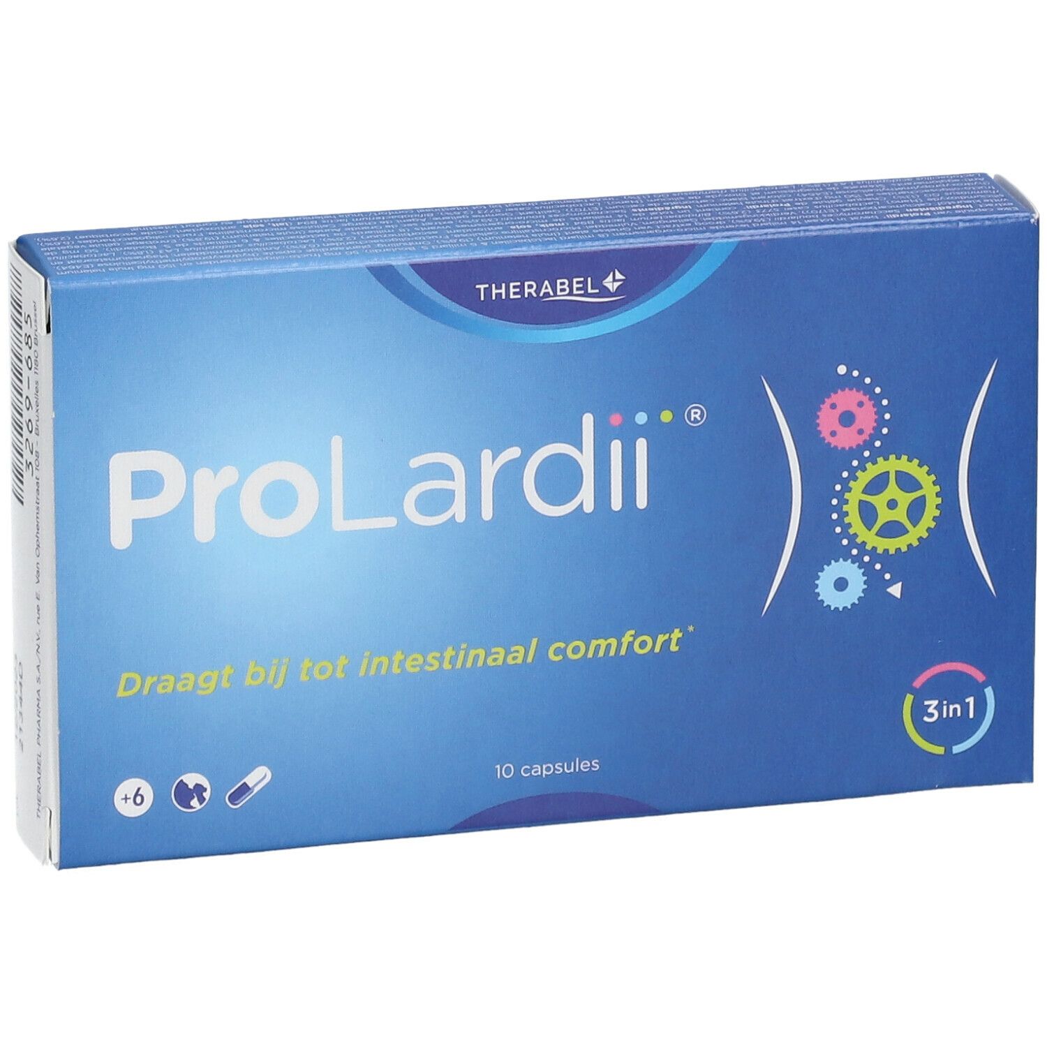 Boîte bleue ProLardii®. Contient 10 capsules. Inscription: Draagt bij tot intestinaal comfort.