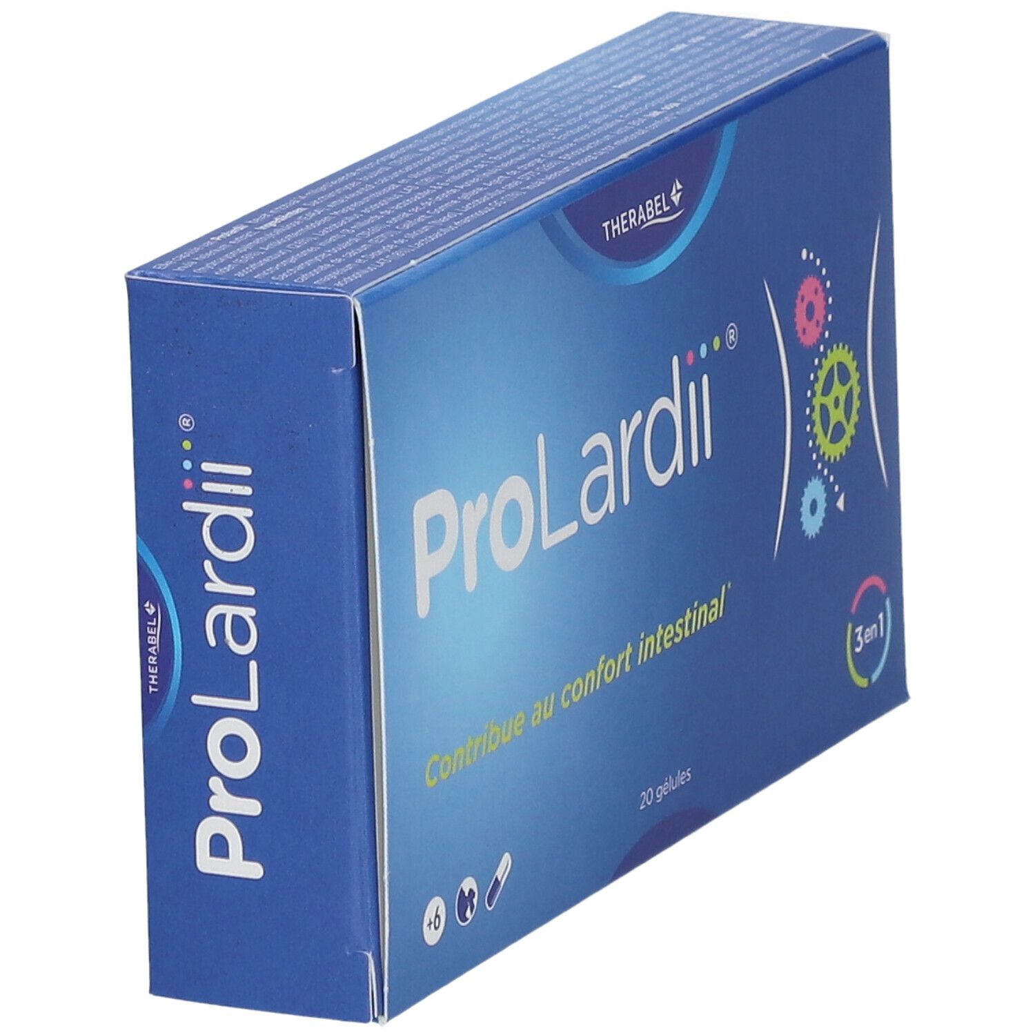 Blauwe doos ProLardii®. Bevat 20 capsules. Logo en tekst: Contribue au confort intestinal. 3 in 1.