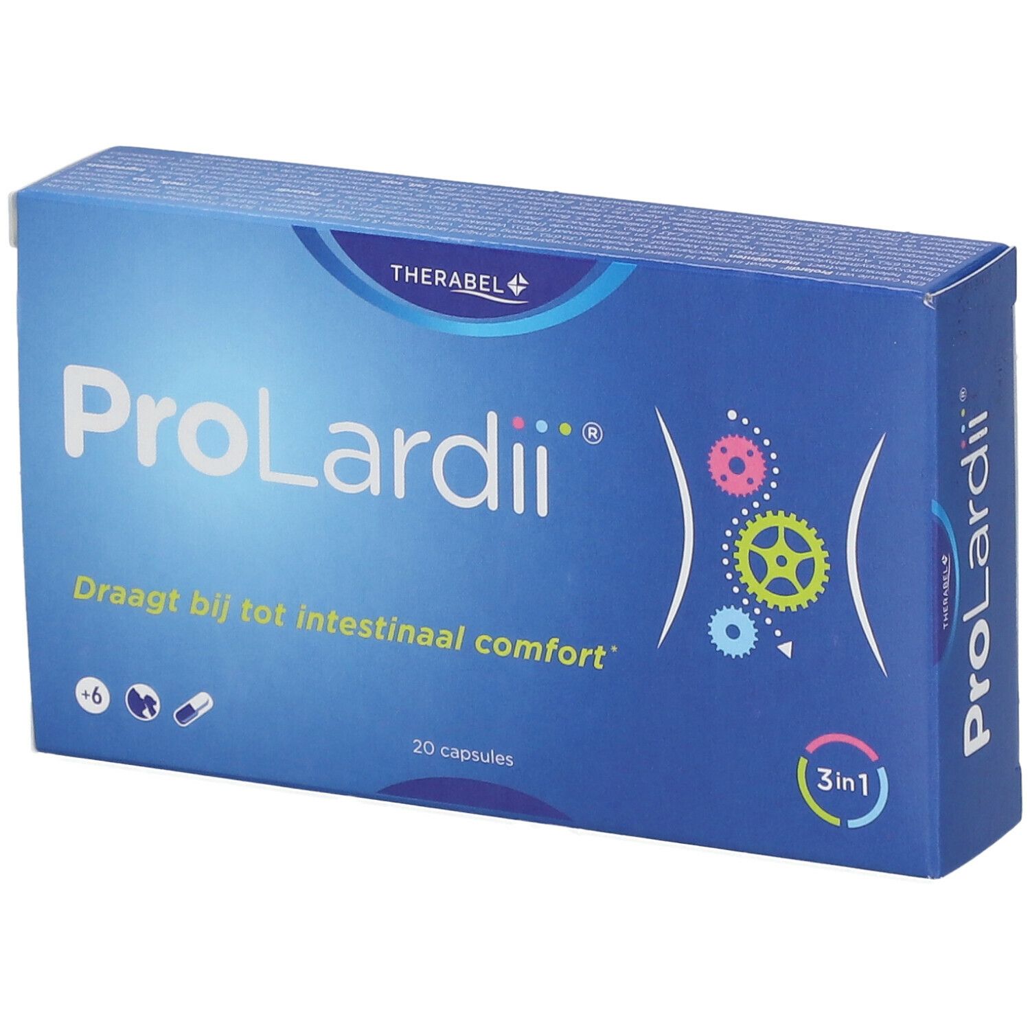 Blauwe doos ProLardii®. Bevat 20 capsules. Logo en tekst: Draagt bij tot intestinaal comfort. 3 in 1.
