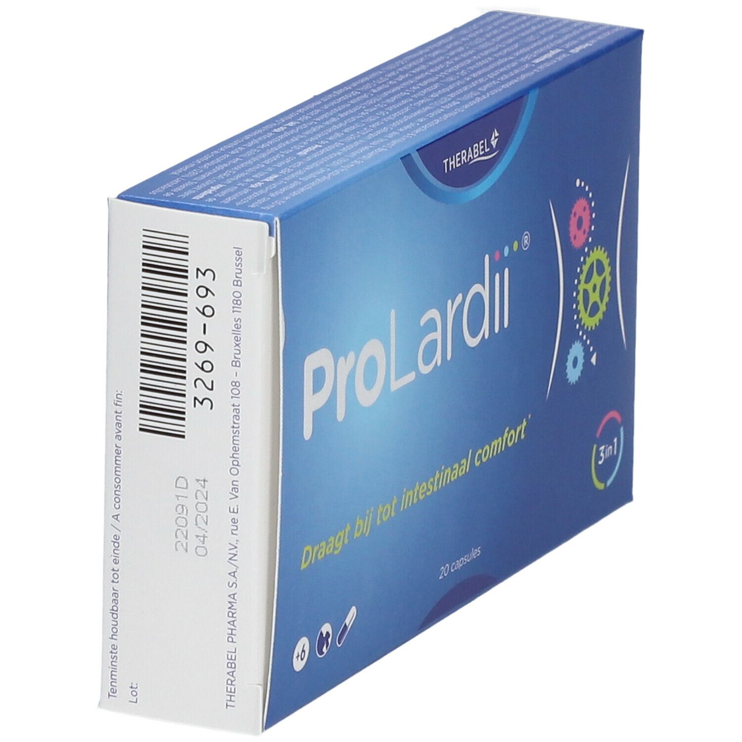 Blauwe doos ProLardii®. Bevat 20 capsules. Tekst: Draagt bij tot intestinaal comfort. Barcode.
