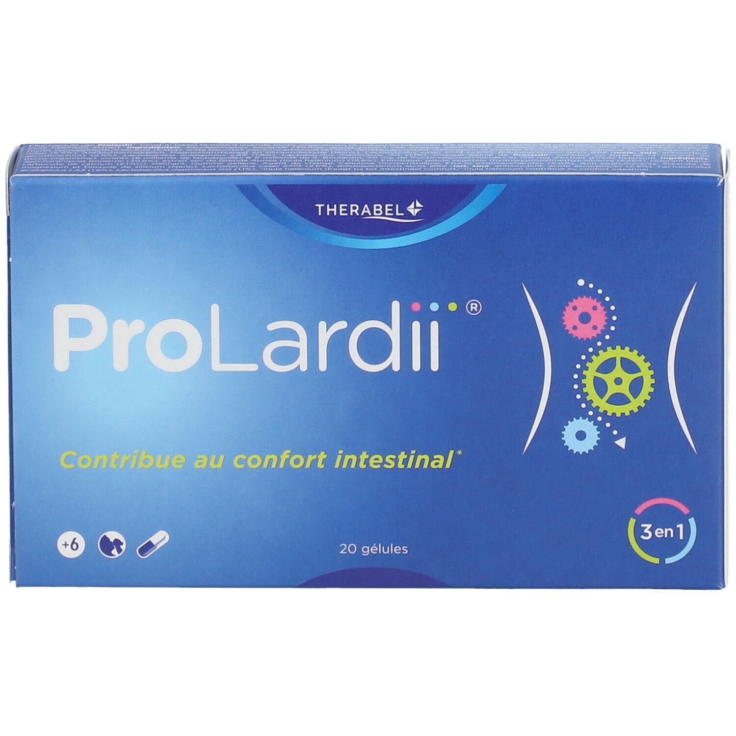 Blauwe doos ProLardii®. Bevat 20 capsules. Logo en tekst: Contribue au confort intestinal. 3 in 1.