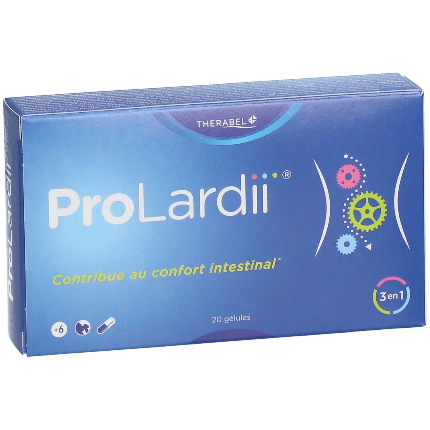 Blauwe doos ProLardii®. Bevat 20 capsules. Logo en tekst: Contribue au confort intestinal. 3 in 1.