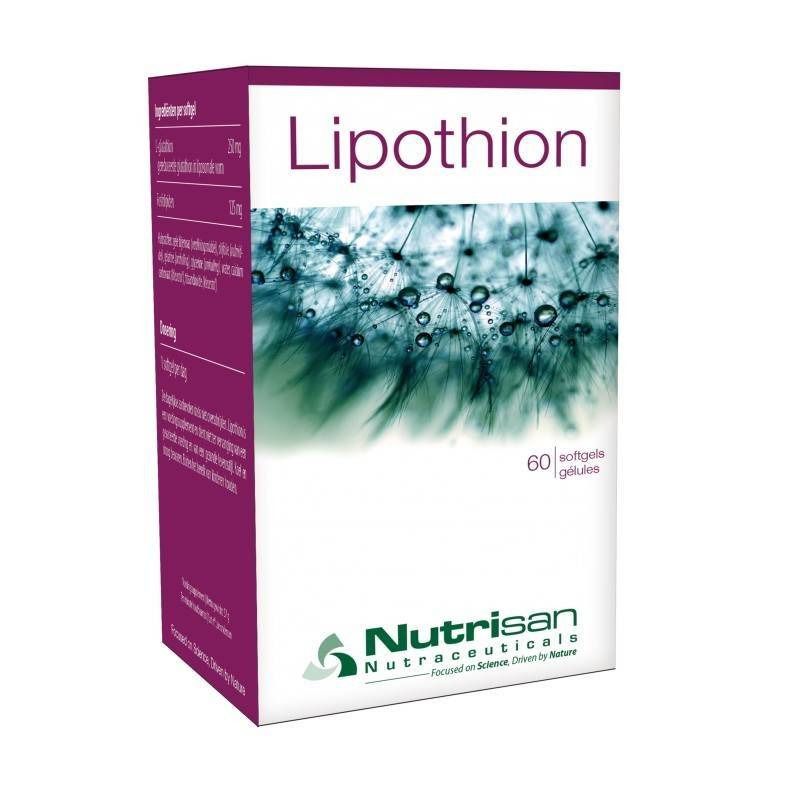 Boîte de Nutrisan Lipothion. Inscription "Lipothion" et "60 softgels". Logo Nutrisan Nutraceuticals.