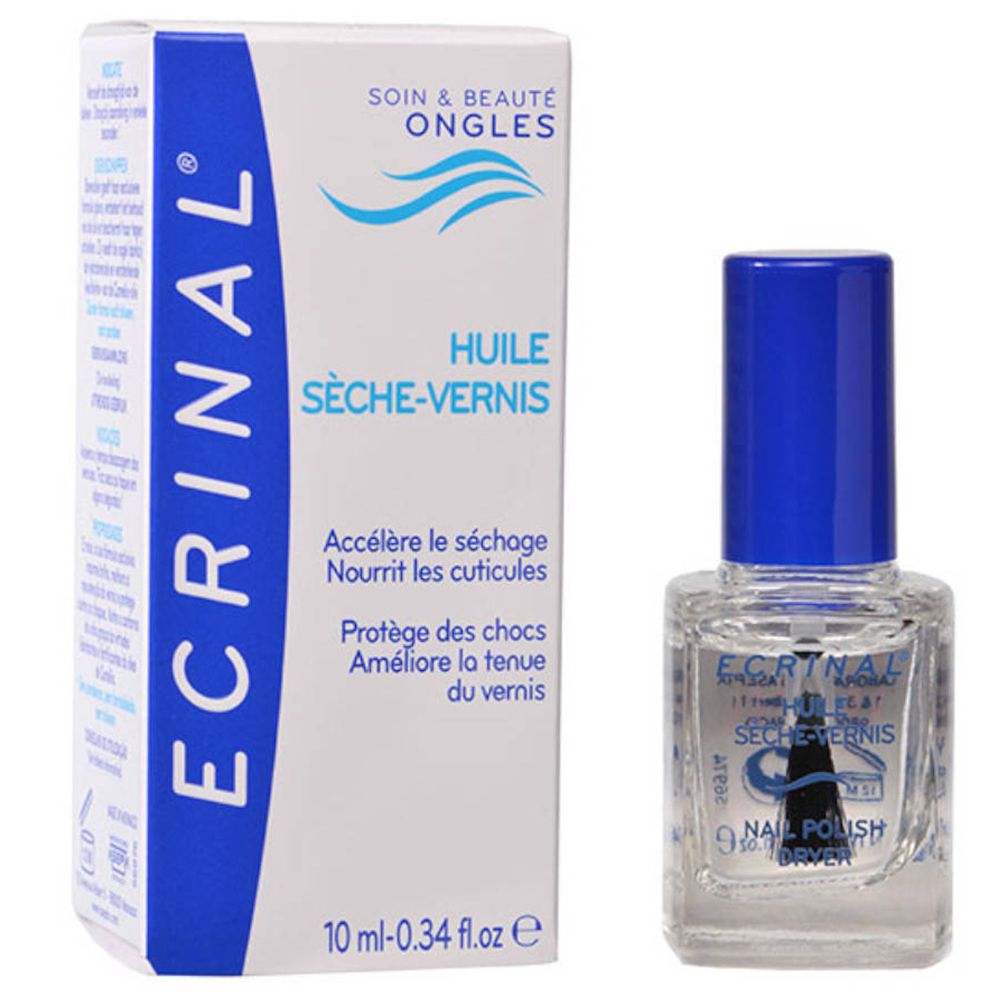 Flacon de vernis à ongles transparent avec bouchon bleu, à côté d'une boîte blanche et bleue avec le nom de la marque.