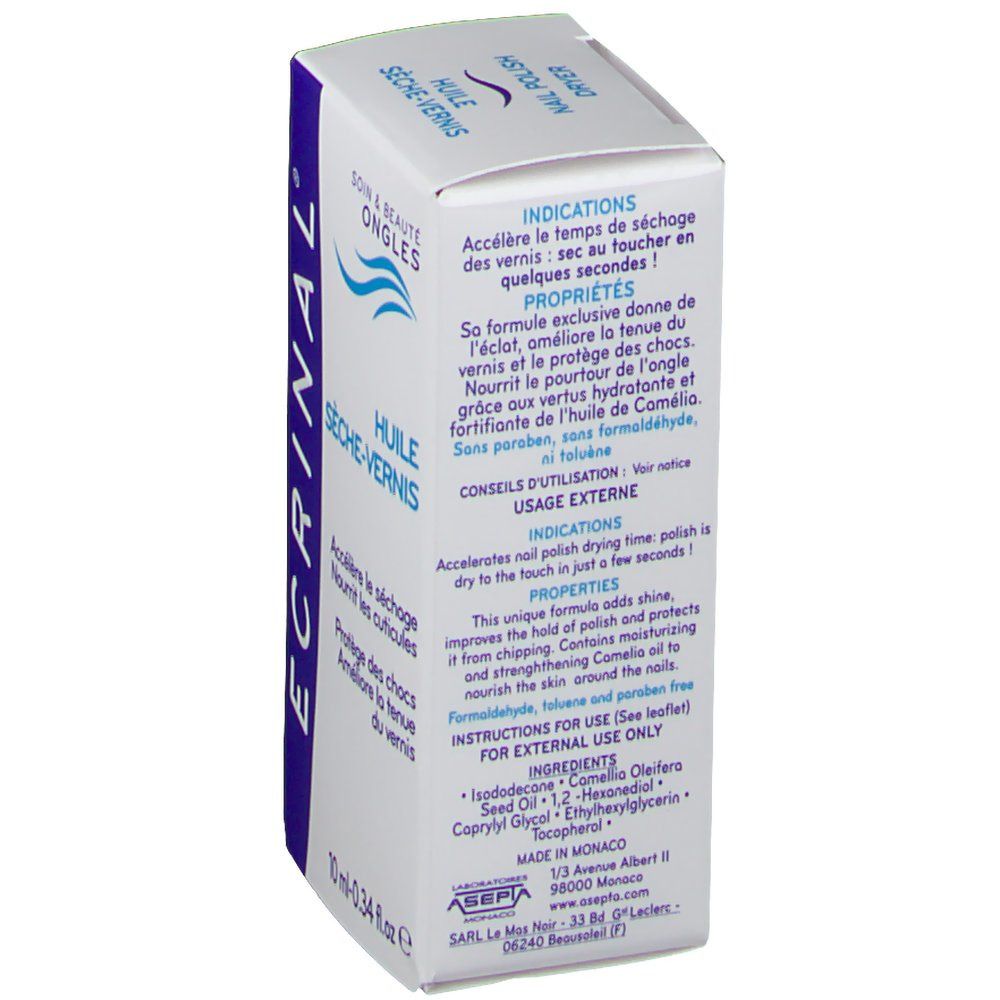 Boîte blanche avec texte bleu. Texte en français et en anglais. Contient des informations sur le produit et les ingrédients.