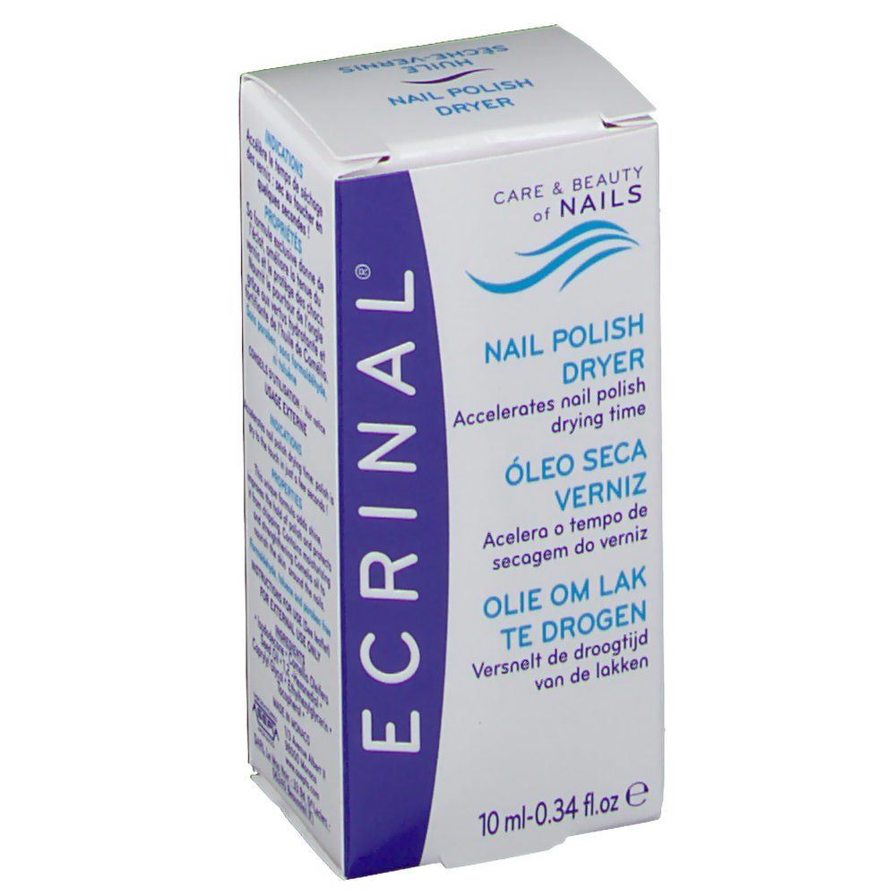 Boîte blanche avec texte bleu. Contient le nom du produit en plusieurs langues. Logo imprimé et indication de volume.