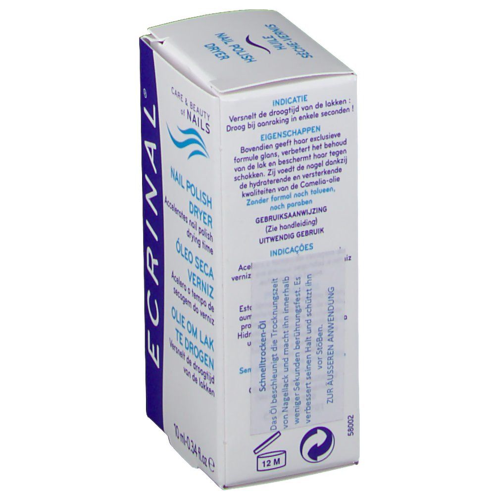 Boîte blanche avec texte bleu. Contient le nom du produit en plusieurs langues. Logo imprimé et indication de volume.
