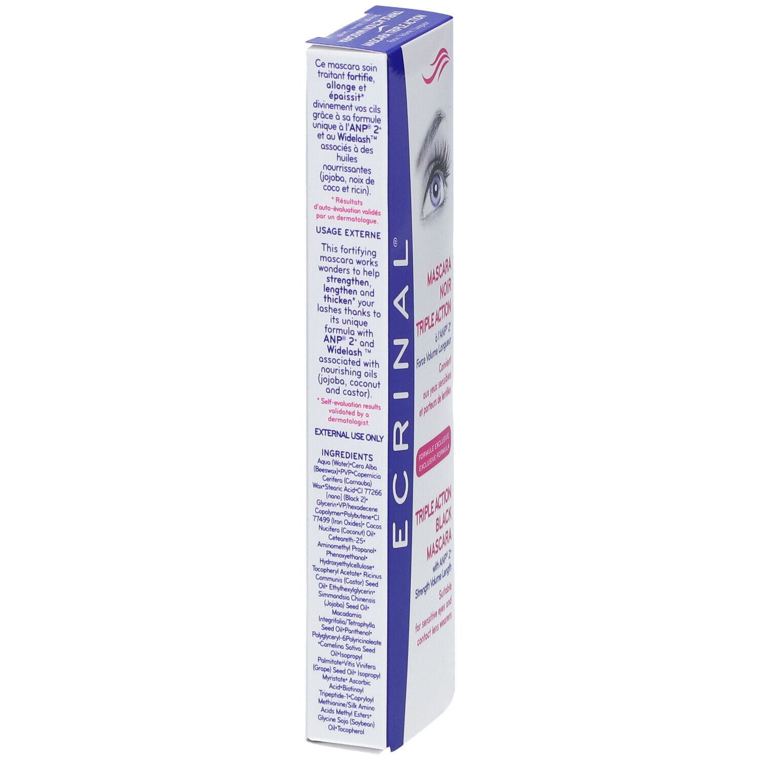 Emballage de mascara ®Ecrinal, vue latérale. Texte: ANP® 2+ et Widelash. Pour usage externe. Ingrédients.